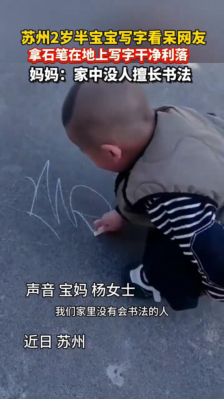苏州2岁半宝宝写字看呆网友，拿石笔在地上写字干净利落。妈妈：家中没人擅长书法。