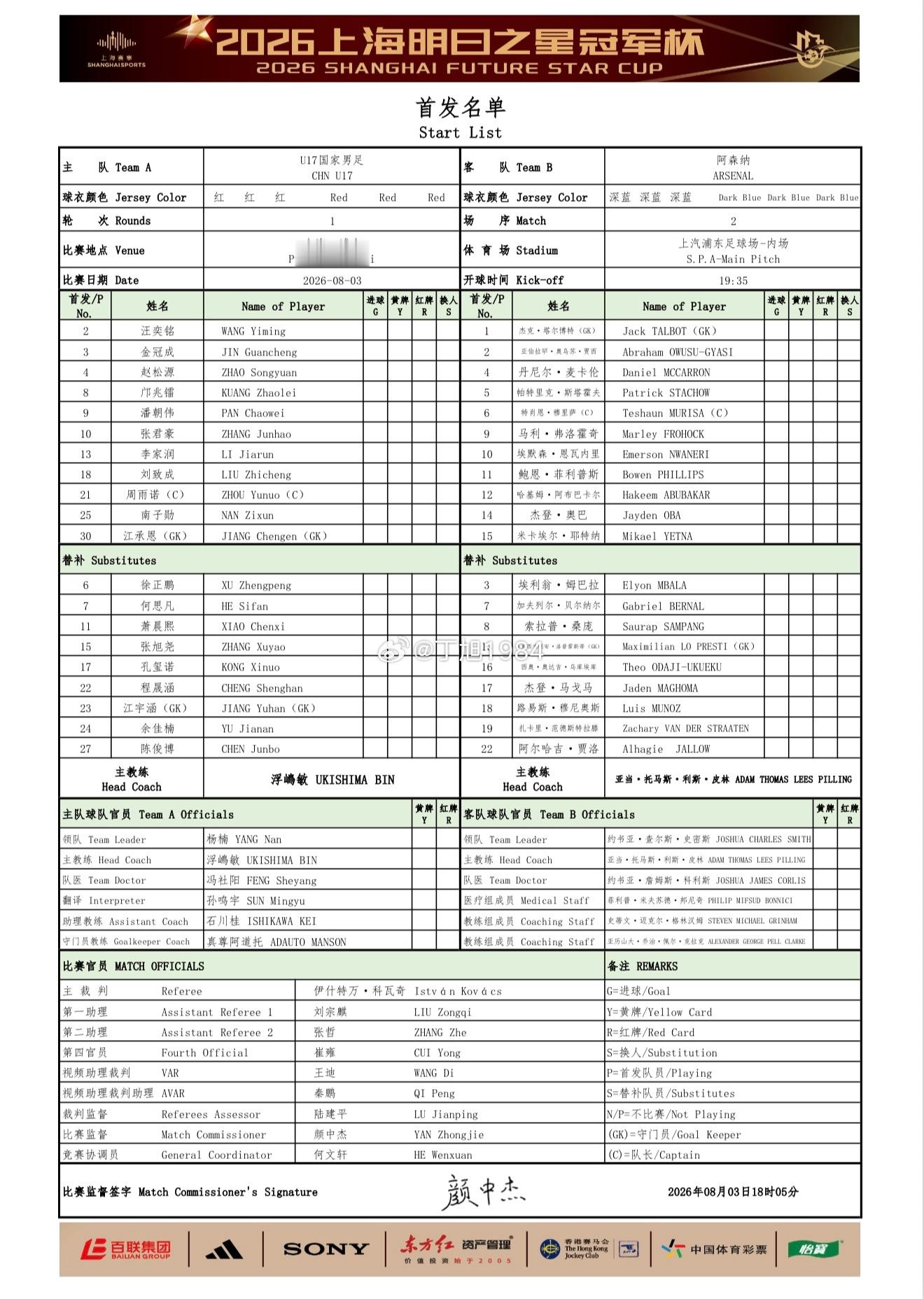2026上海明日之星冠军杯小组赛第一轮中国U-17男足 vs 阿森纳U-17男足