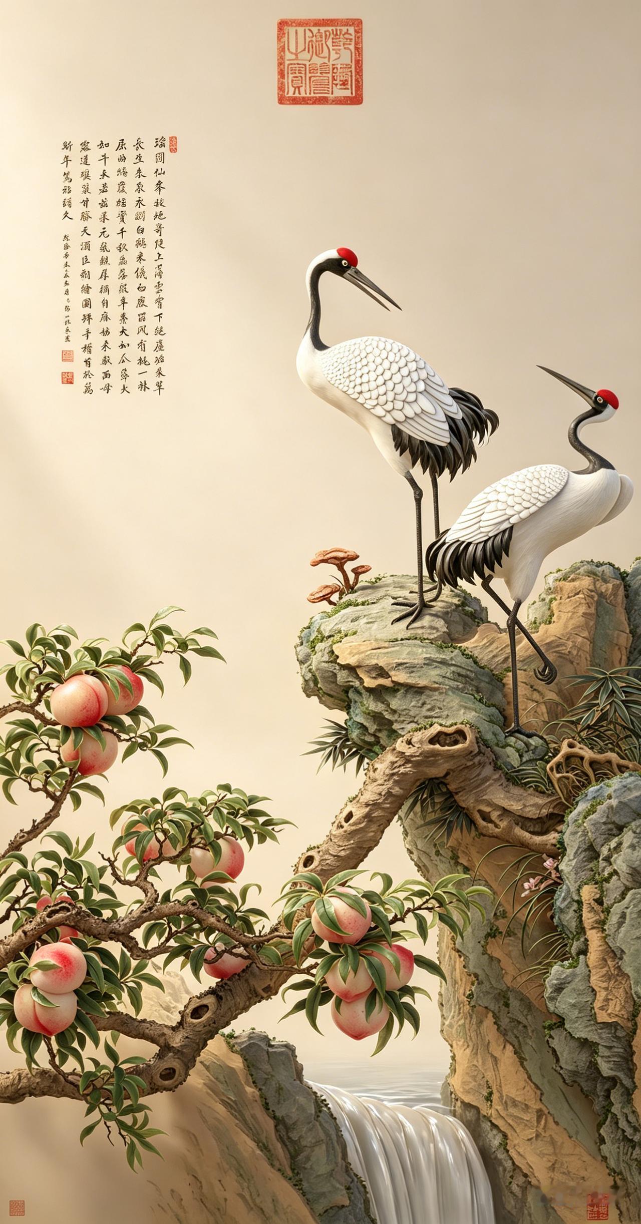清 邹一桂《蟠桃双鹤图》（AI生成）