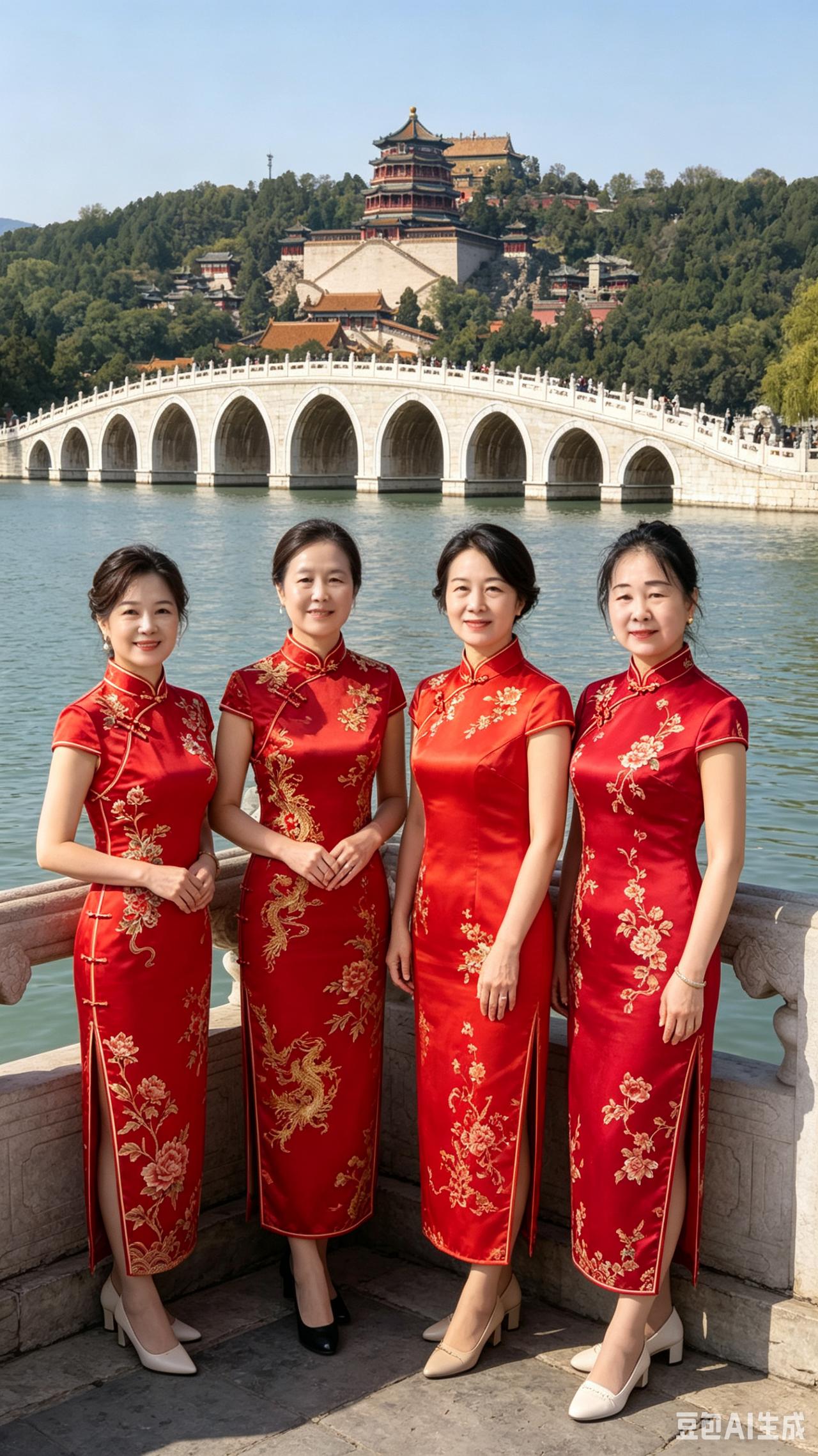 四美游颐和
漫步颐和桥，清风拂面来。
红袍着身立，韵致自悠哉。
云鬓巧盘结，雅态
