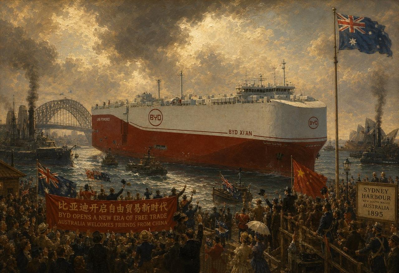 笑死人了，比亚迪滚装轮第一次到澳洲，网友居然整出来了历史大事级别的油画
