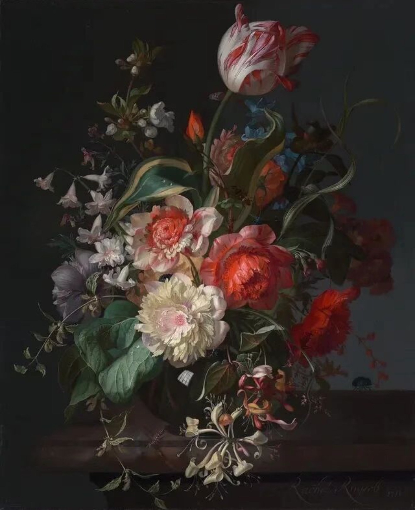 Rachel Ruysch《Flowers in a Glass Vase wi