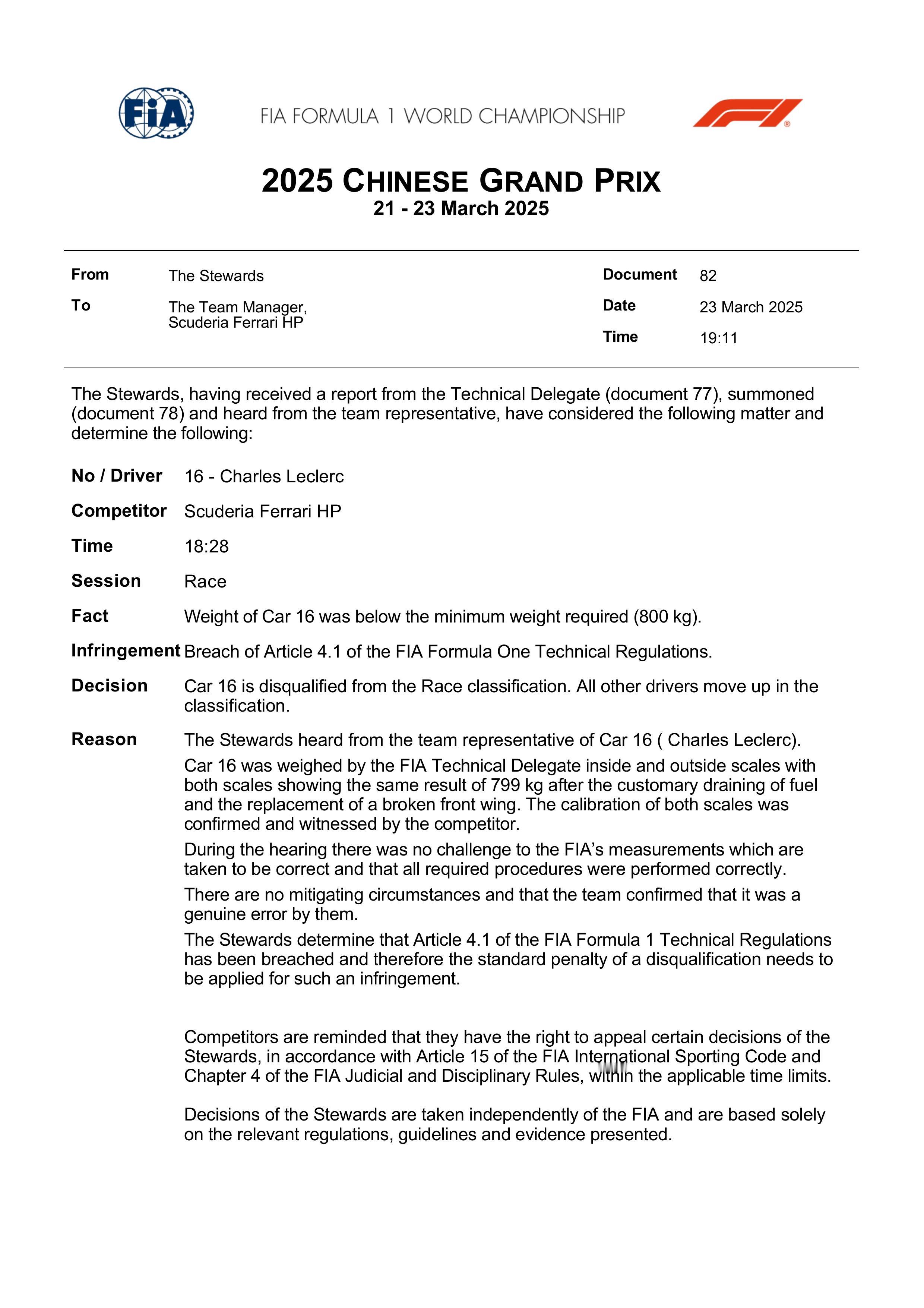 官方：勒克莱尔被取消F1中国大奖赛正赛成绩F12025F1中国大奖赛 ​​​