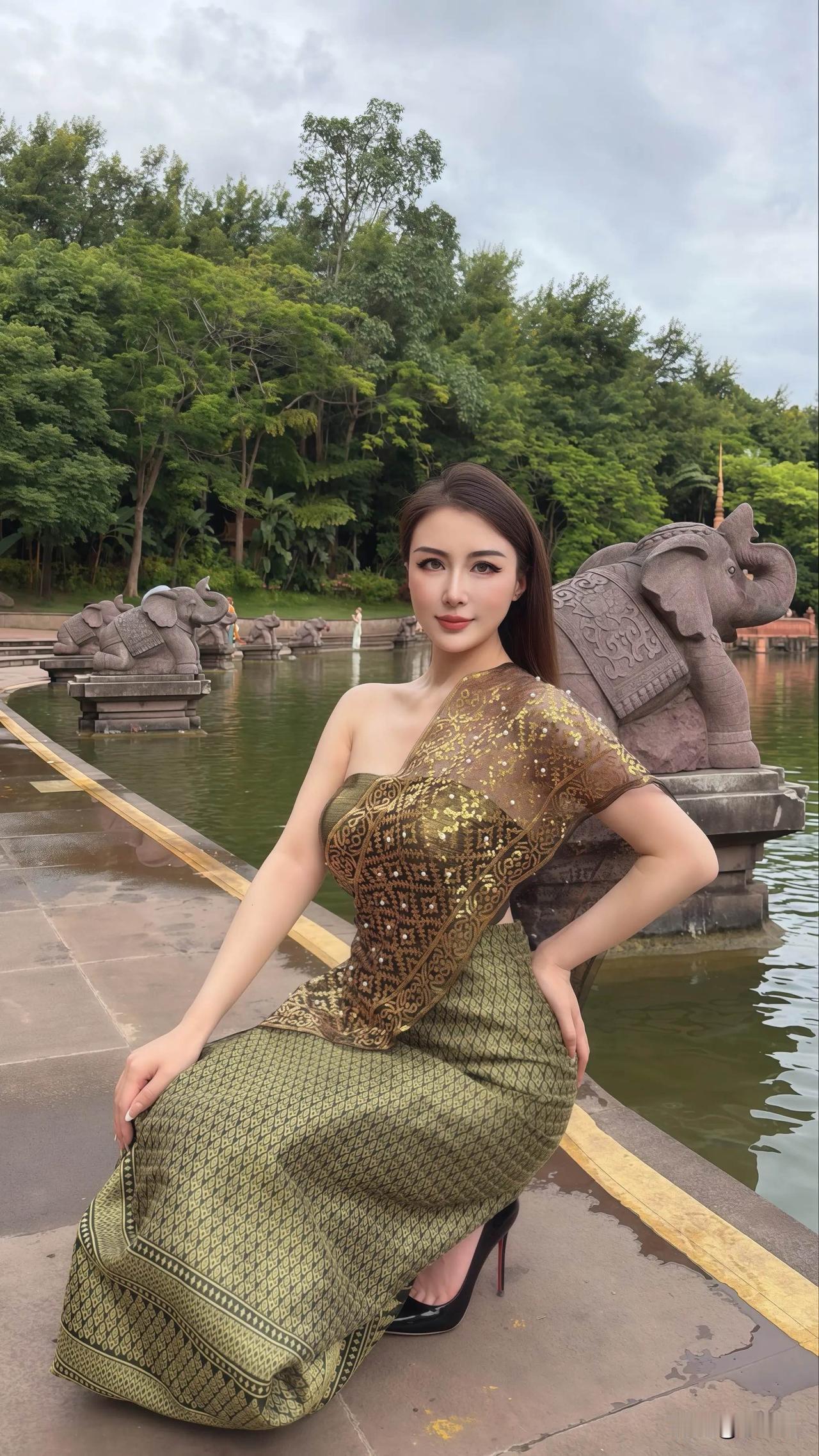 一个美女站在雕塑喷泉前拍照。