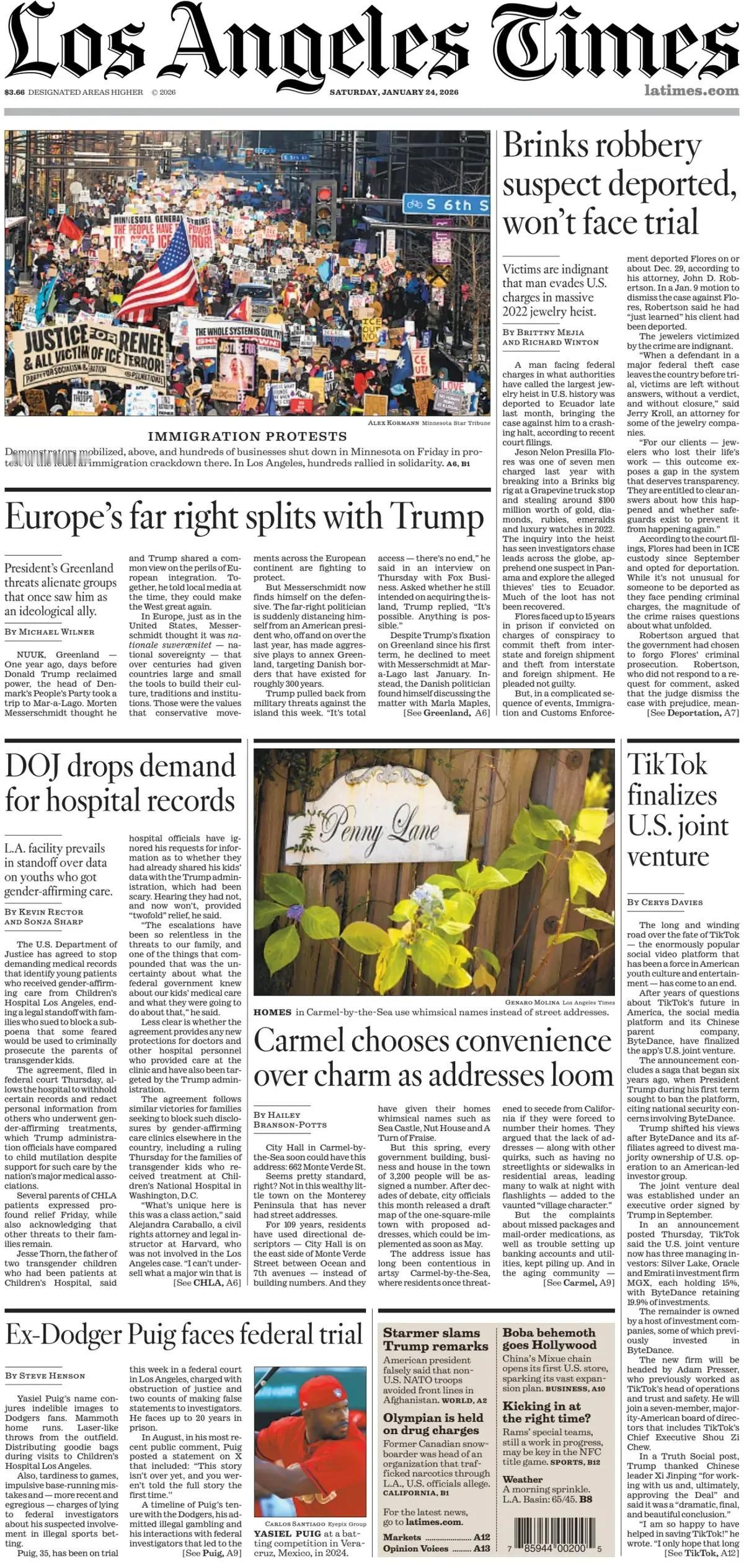 《洛杉矶时报》头版报道称，移民抗议活动 示威者动员起来，如上图所示，周五明尼苏达