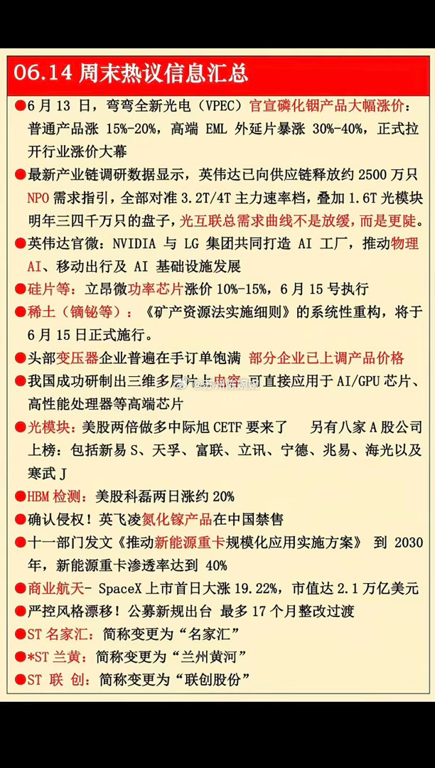 6.15周一 财经热点信息汇总！1.磷化铟产品涨价2.光互联3.物理AI4.变压