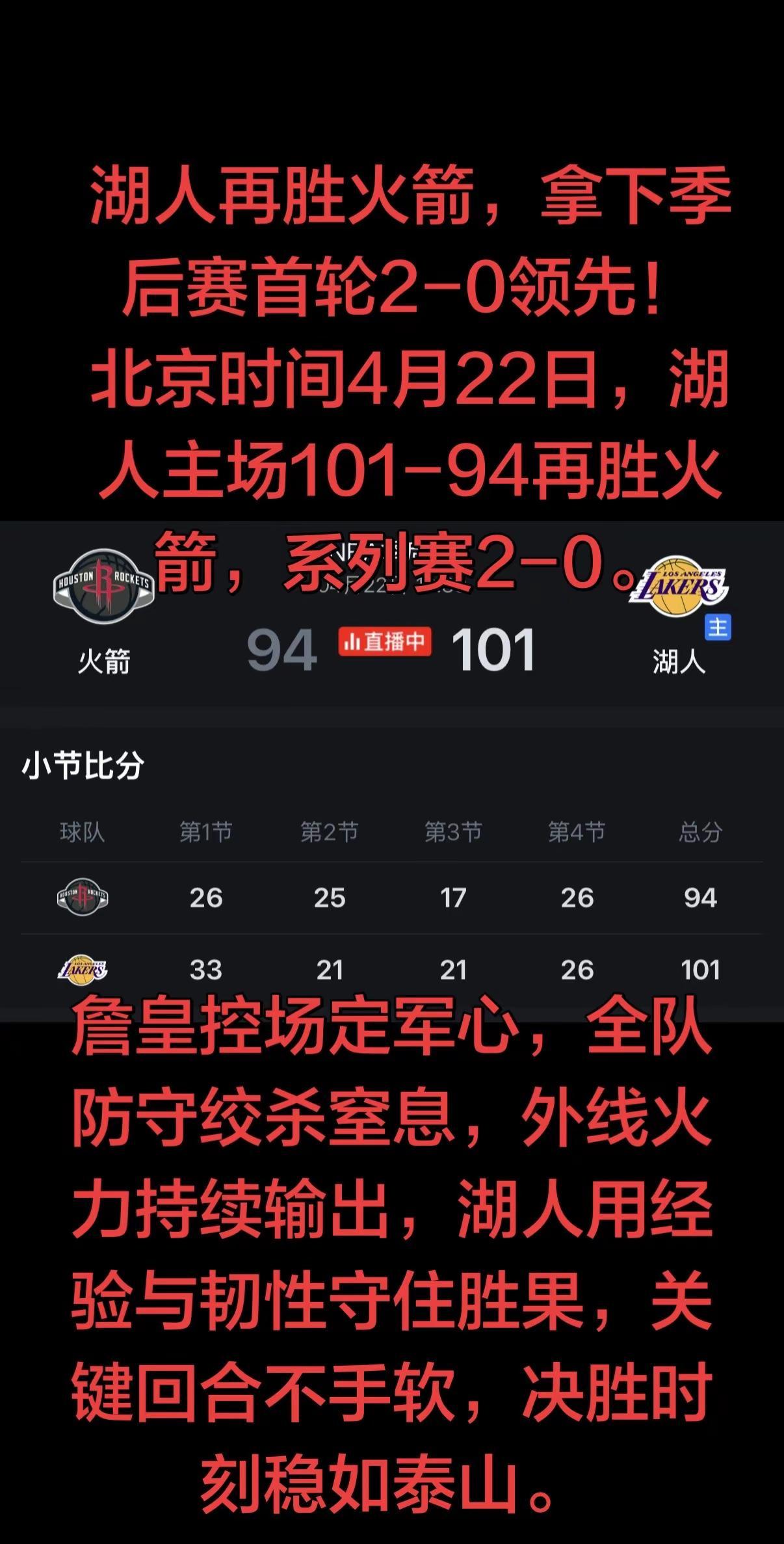 青春风暴难敌紫金底蕴，客场征途尚未结束，湖人保持专注，向着下一场胜利全力冲刺！