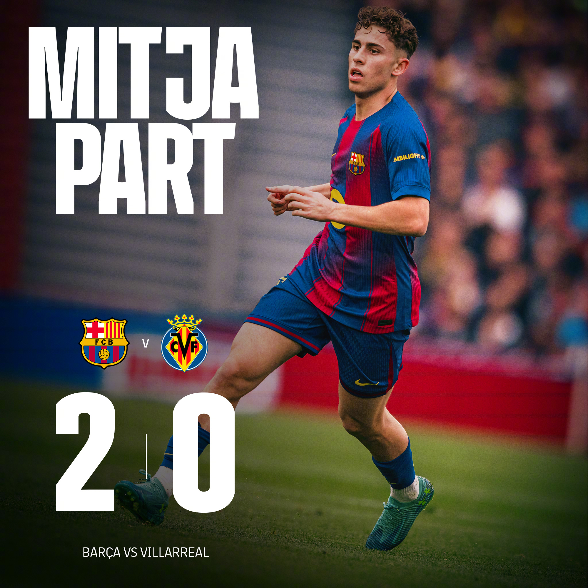 巴萨vs比利亚雷亚尔上半场比赛结束，巴萨两球暂时领先比利亚雷亚尔。本场比赛红蓝军