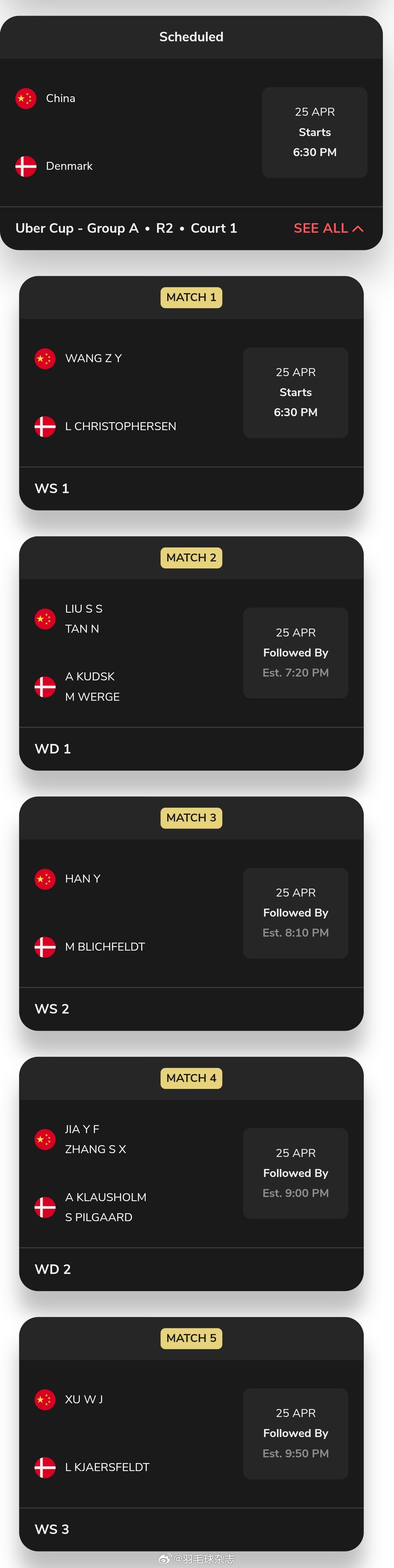 国羽尤杯小组赛第二战对丹麦队，北京时间26号0点30分进行：王祉怡、谭宁/刘圣书