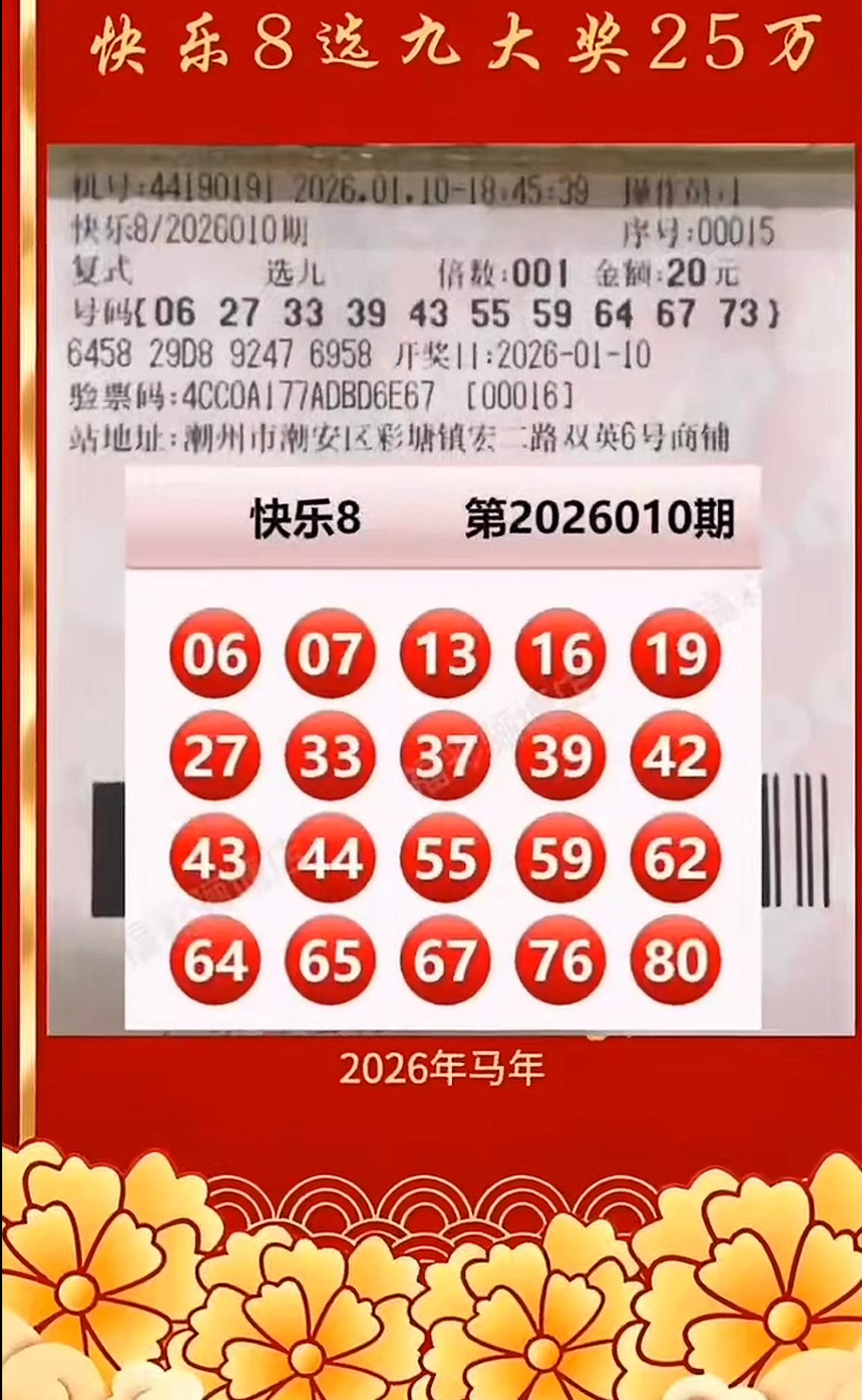 快乐8，让快乐照进现实，把幸运带回家。

26010期，广东潮州彩民以“复式选九