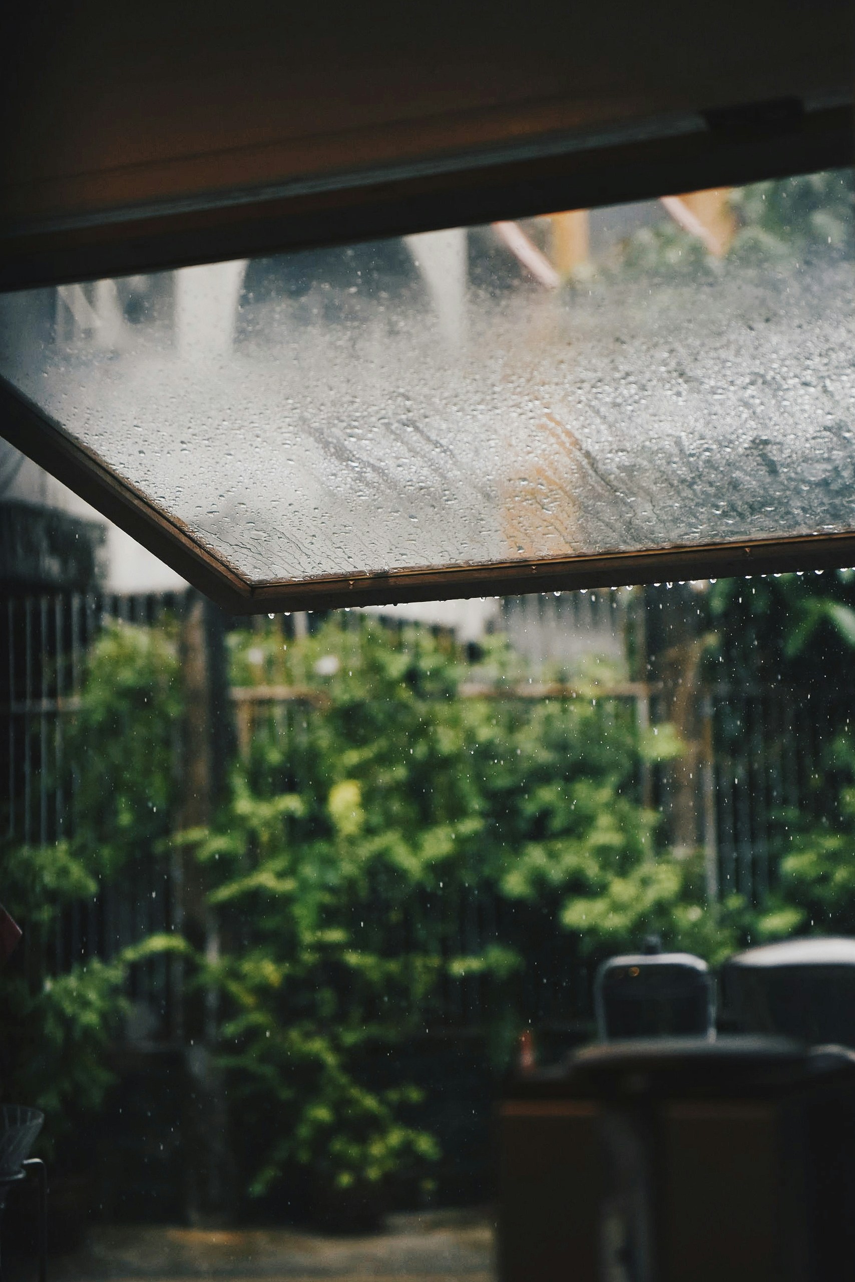 窗外雨下个不停。这是梅雨时节特有的雨，没有一丝风，雨帘垂直落下，一切都被淋得湿漉