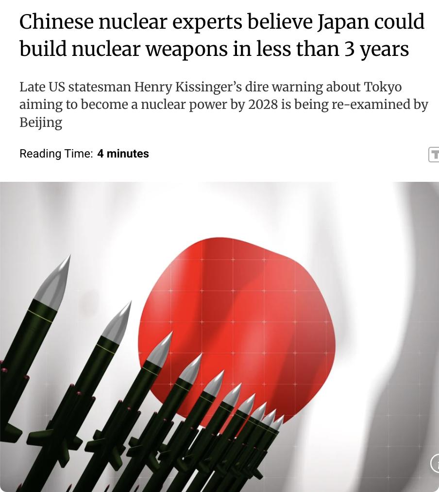 外媒：中国核专家认为日本能在不到3年时间里造出核武器。美国前国务卿基辛格曾警告日