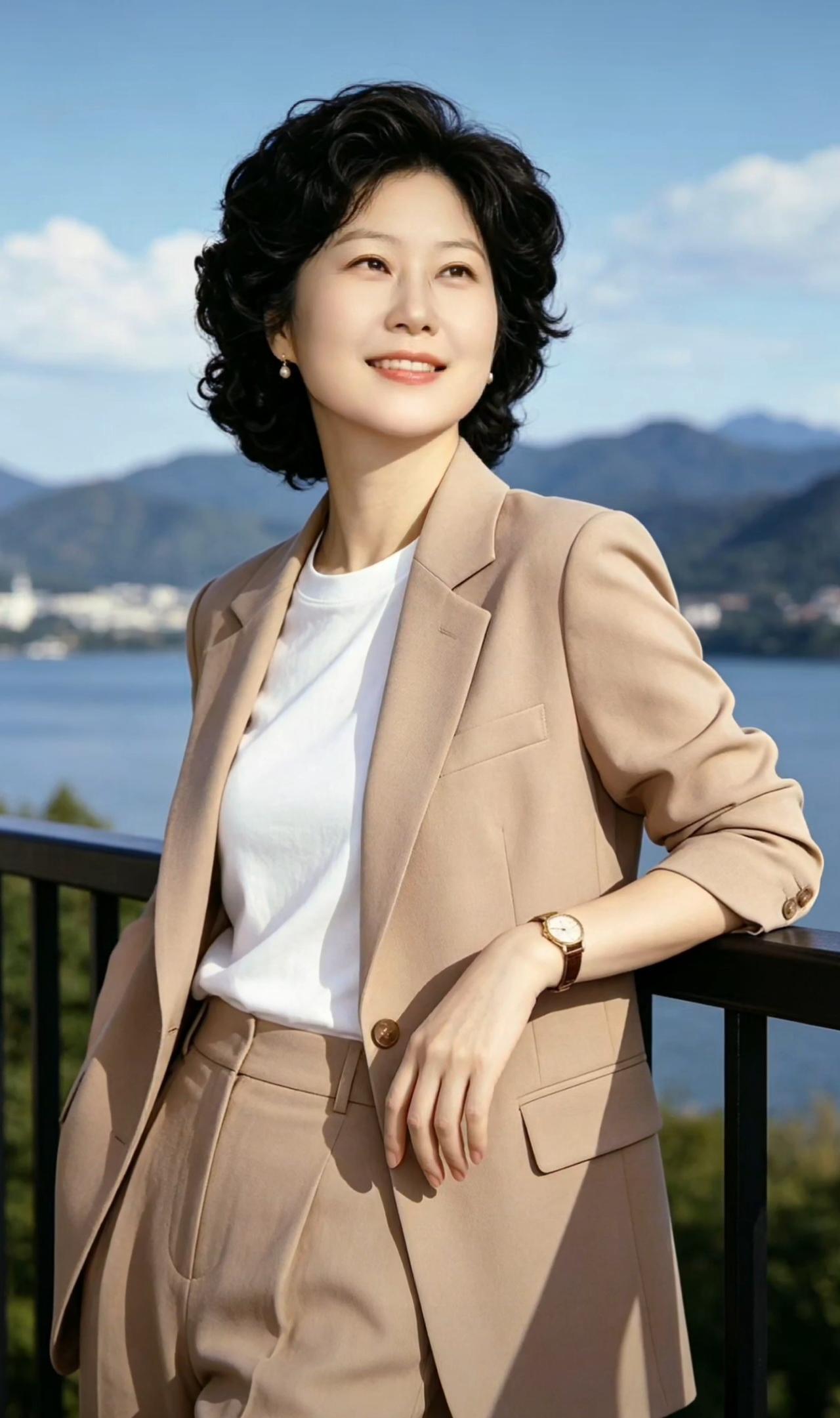 这位女士在阳台上微笑，风景很美。