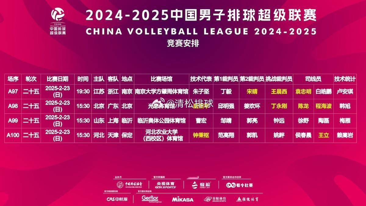 【赛程】2024-2025中国男排超级联赛A级季后赛半决赛第一回合赛程（2.23