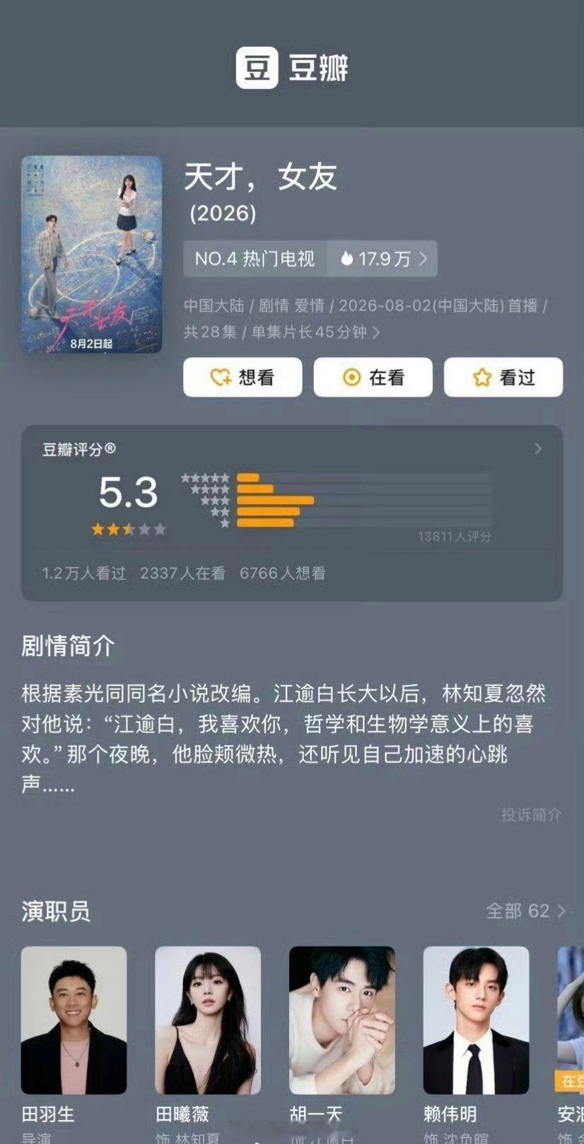 田曦薇、胡一天《天才女友》豆瓣开分5.3 高了低了？ 