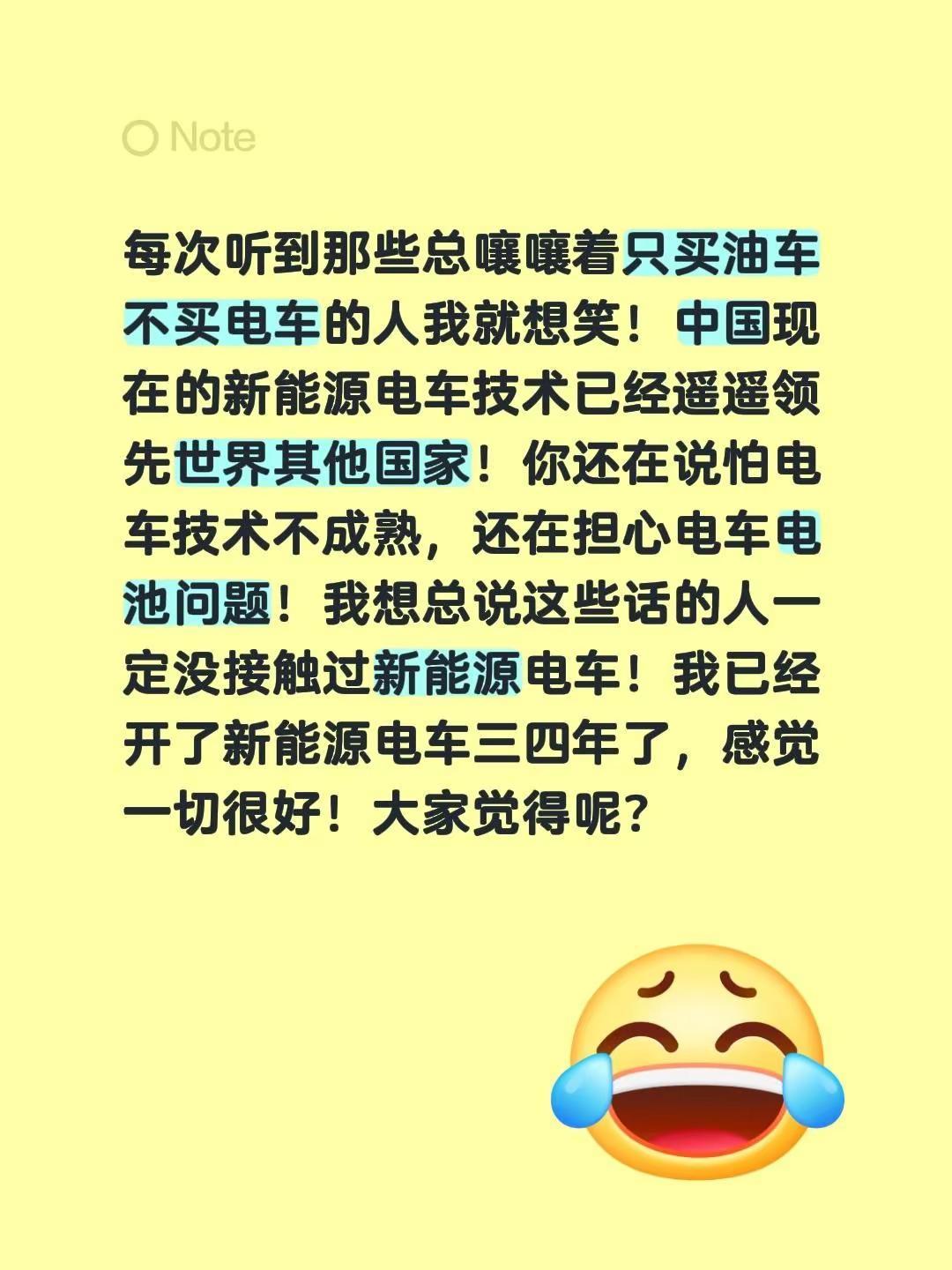 每次听到那些总嚷嚷着只买油车不买电车的人我就想笑！中国现在的新能源电车技术已经遥