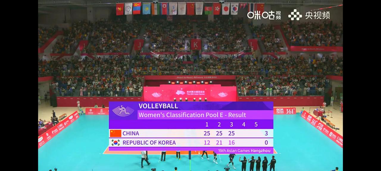 亚运会女排八强赛，中国女排3:0韩国女排（25:12/25:21/25:16）

