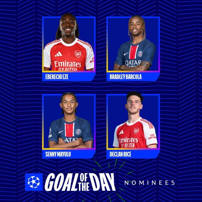 埃泽&赖斯进球均被提名为当日最佳进球⚽阿森纳2比0勒沃库森 欧冠