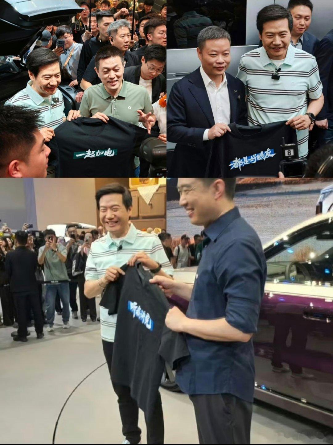 永远的好大哥！雷军送李想「听我讲完」T恤。送何小鹏「都是好鹏友」T恤。送李斌「一