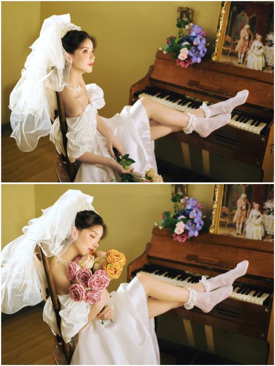 钢琴旁的复古法式少女💗单人复古婚纱写真