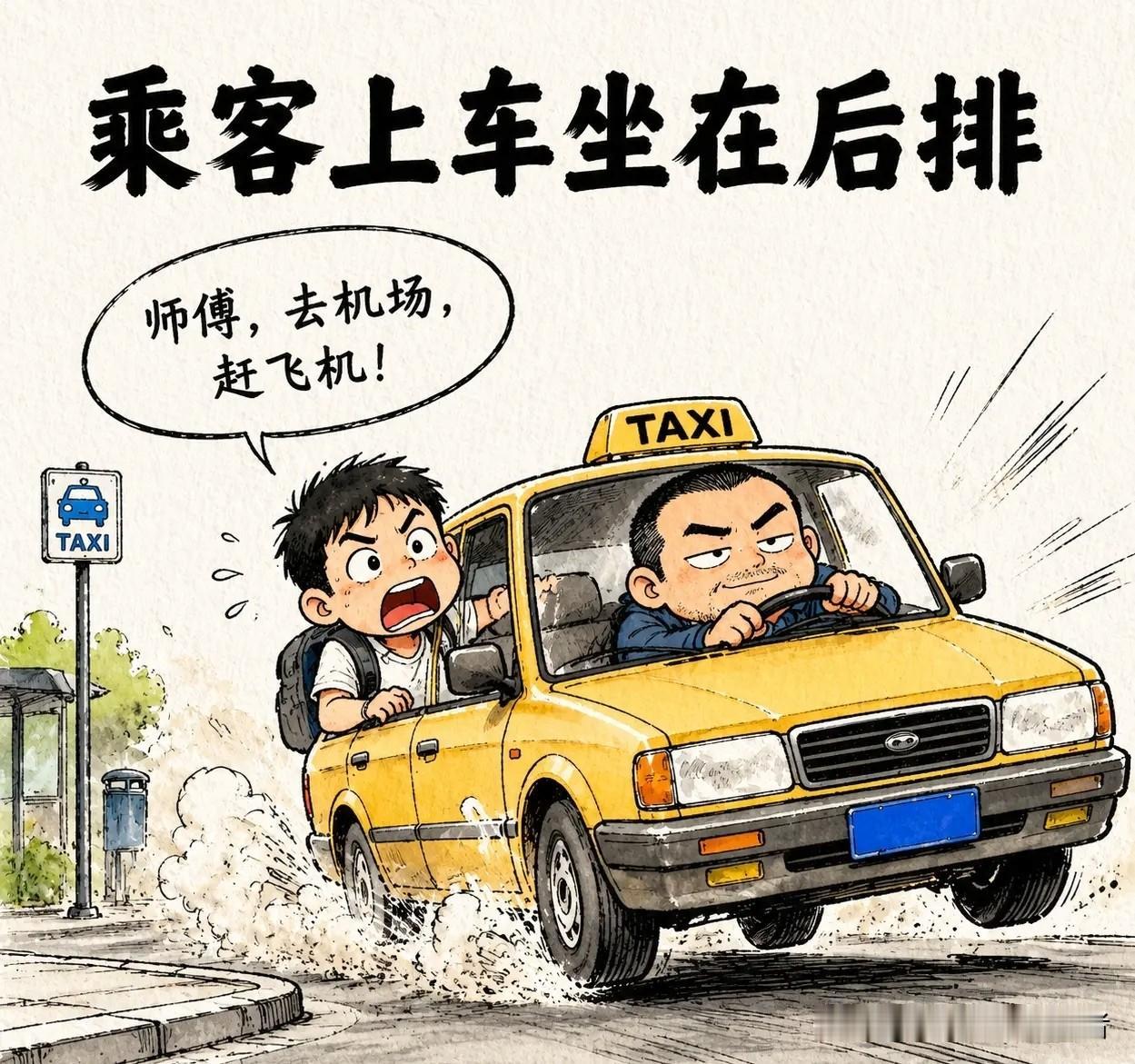 趣味漫画：乘客上车坐在后排：「师傅，去机场，赶飞机！」司机一脚油门冲出去。十分钟