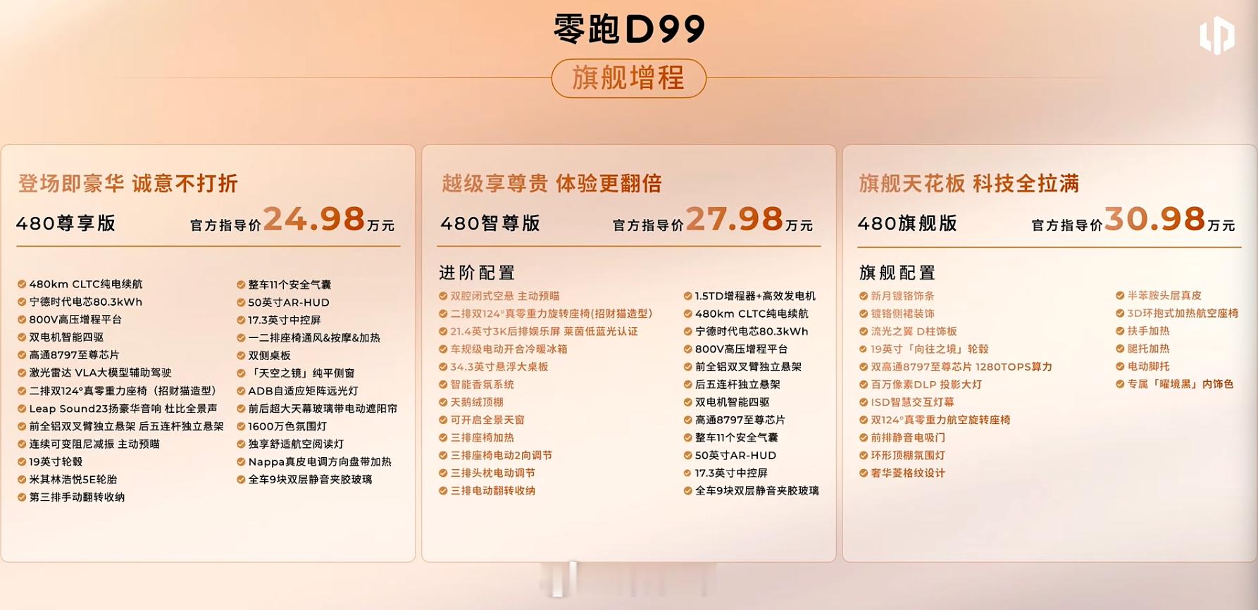 零跑D99价格发布增程版24.98-30.98万纯电版25.98-31.98万终