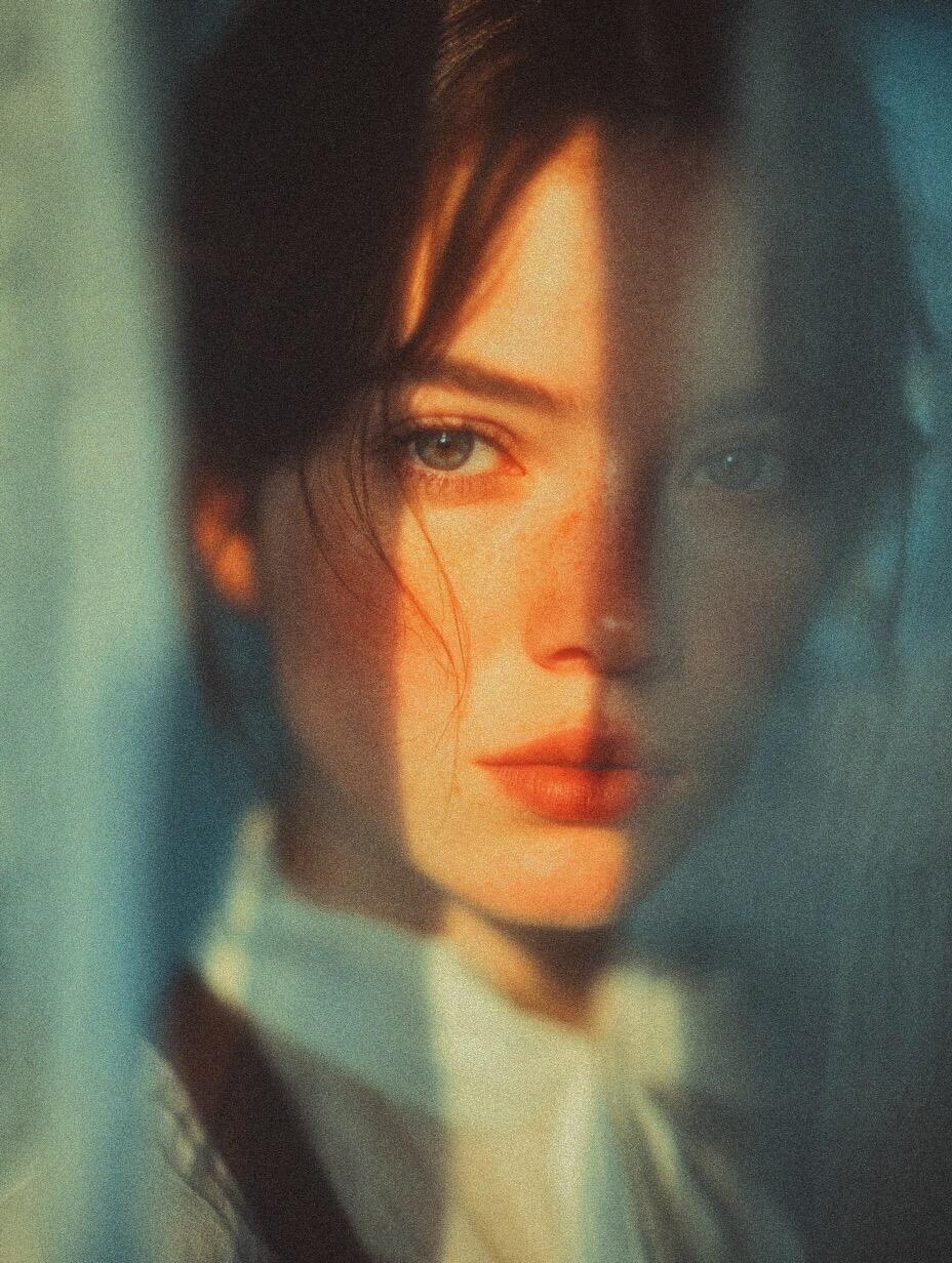 纱幔后的人像，将“朦胧”的美感推向极致。穿透纱幔的光线呈现出柔和的放射状纹理，在