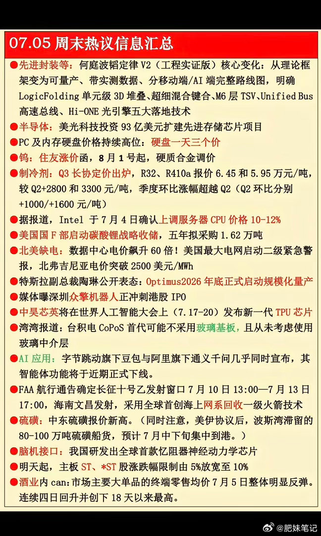 7.5周日  周末市场热议方向+财经消息汇总！1.先进封装，韬定律2.PC机及硬