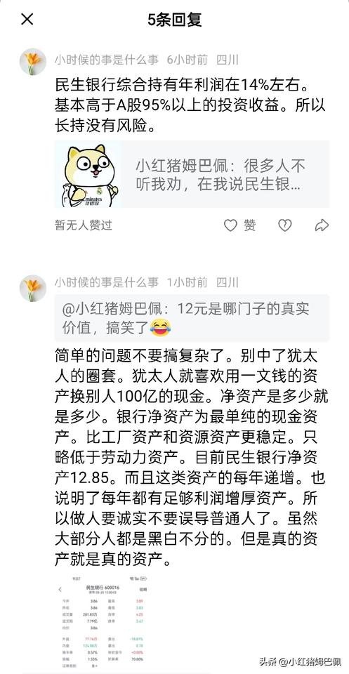 我说3.9元左右的民生银行并不像它表面上看起来低估值那样值得投资，有位朋友一定要