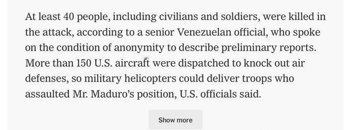纽约时报：

美国对委内瑞拉发动空袭，造成至少40人死亡，其中包括平民 ​​​