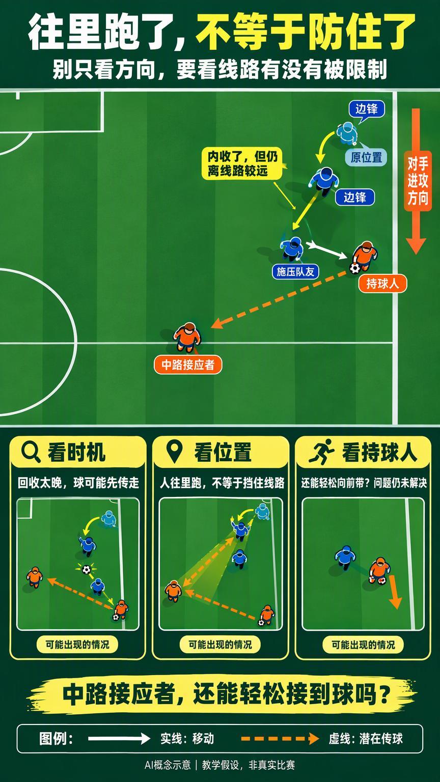 边锋丢球后，为什么不追着球跑，而是先往中间收？边路丢了球，队友已经上前逼抢，边锋