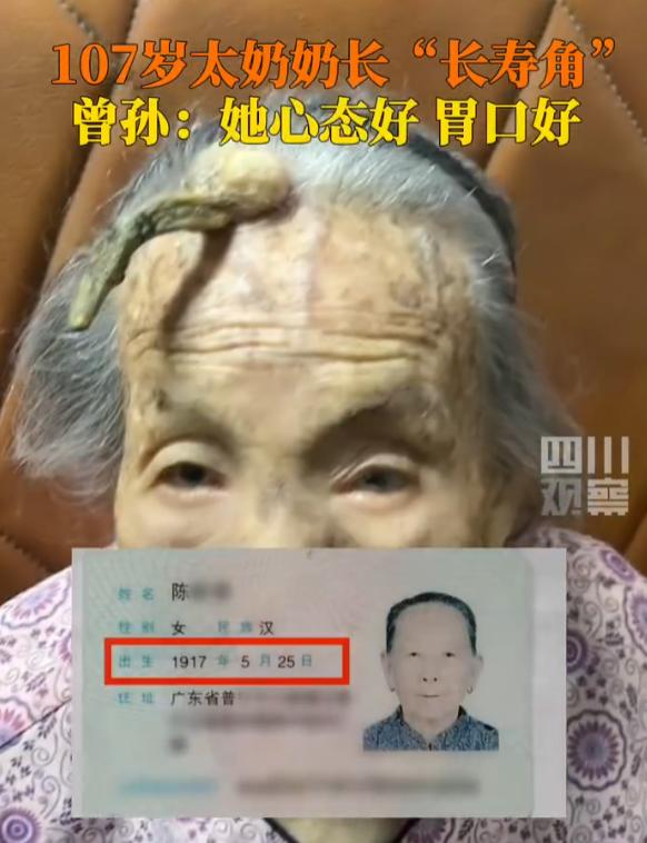 107岁奶奶额头竟然长出一个“长寿角”。
曾孙说，这个角好几年前就开始长了，现在