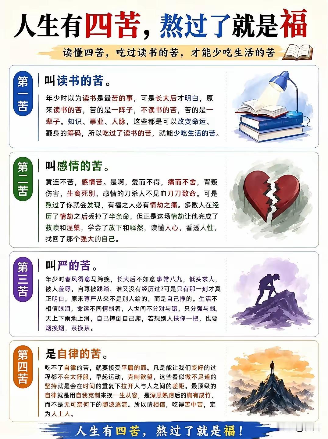 人生四苦，熬过去，便是后半生的福气
 
老话说：人生四苦躲不开，熬得过磨难，守得