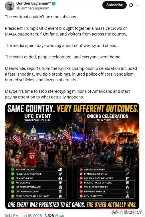 两者的反差再明显不过。
 
川普总统出席的UFC综合格斗赛事，聚集了大批“让美国