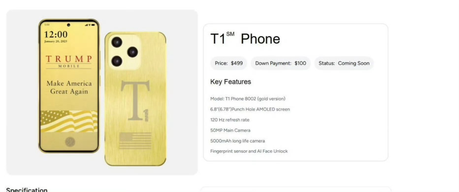 特朗普进军手机行业推出T1 Phone，售价499美元。配备了大屏、指纹识别等配