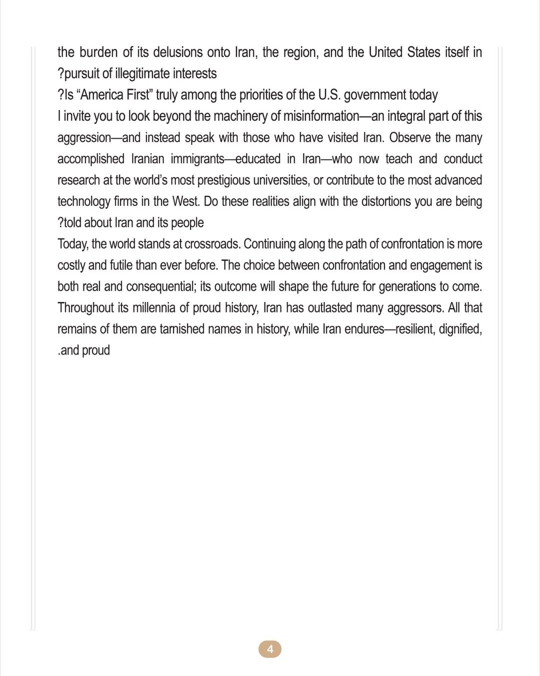 伊朗总统致信美国人民当地时间4月1日，伊朗总统佩泽希齐扬发表致美国人民的公开信。