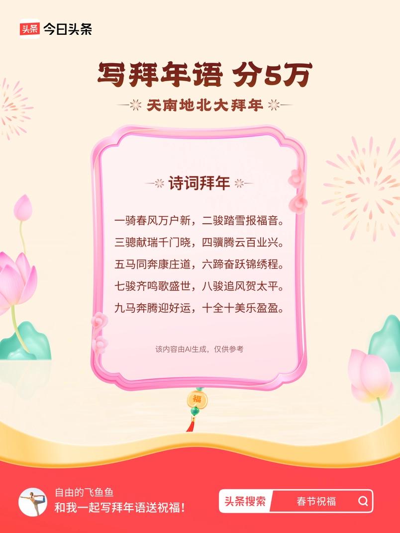 写拜年语送祝福新春拜年送祝福！我的祝福是：“一骑春风万户新，二骏踏雪报福音。三骢
