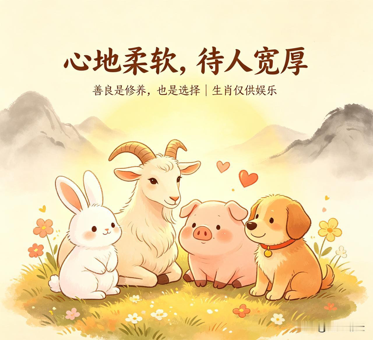 十二生肖里，民间公认心地最善良的几个生肖：
 
1、生肖羊：首当其冲，天性温和心