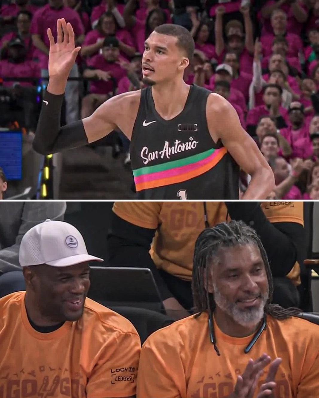 两位传奇马刺内线观看下一位 🙌大卫·罗宾逊和蒂姆·邓肯到场观看文班亚马的季后赛