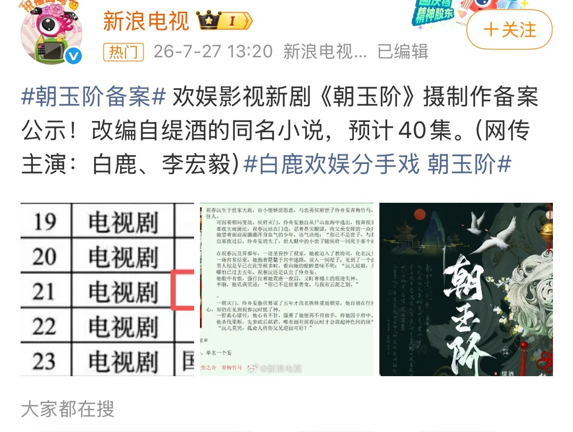 于正发博否认了《朝玉阶》改编网传小说，声明是原创剧本。此前《朝玉阶》已公示备案于
