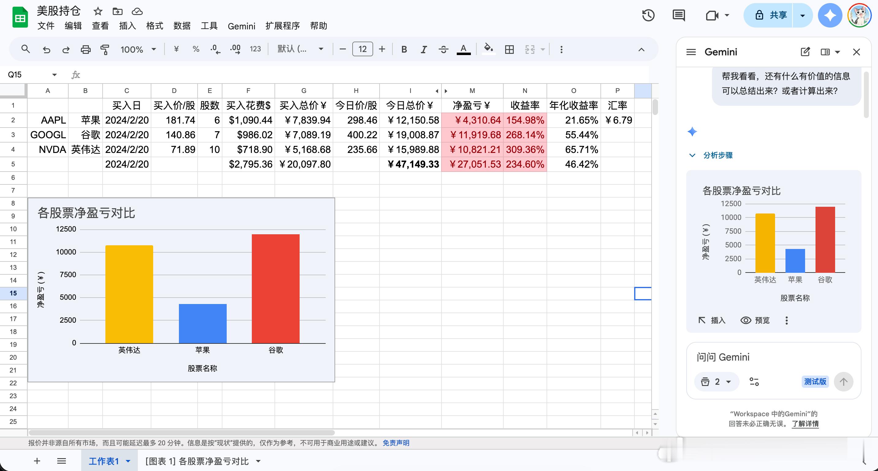从来没用过Google Sheet，今天试了一下，太好用了！Gemini完美集成