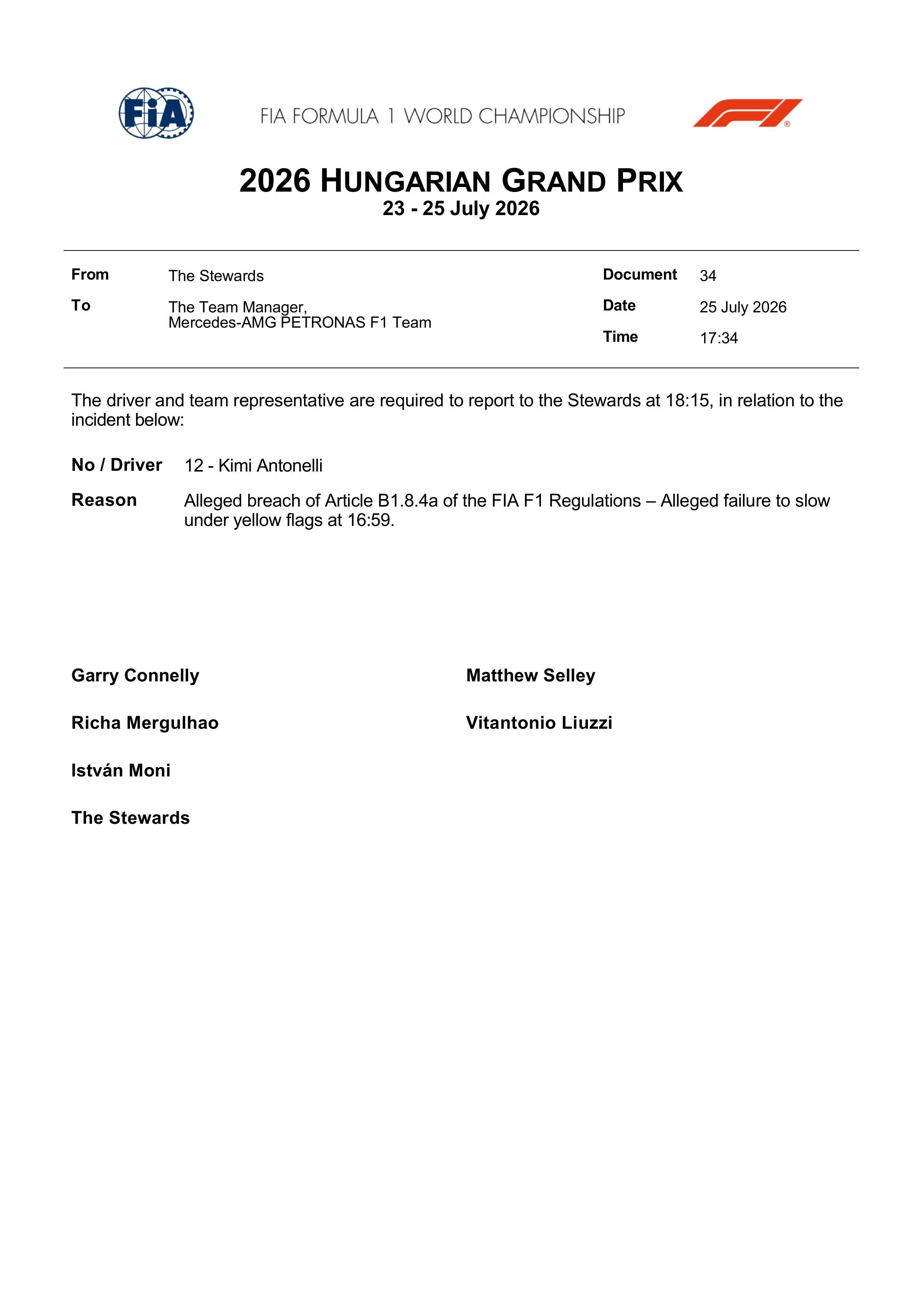 F12026F1匈牙利大奖赛 安东内利在通过维斯塔潘最后一弯打滑冲出赛道后的黄旗