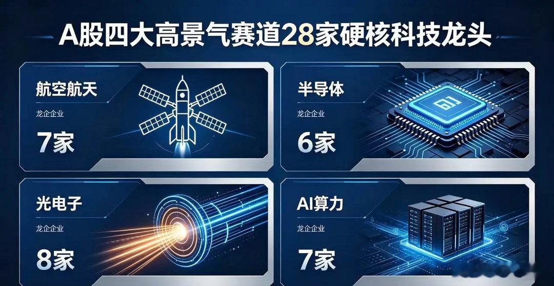 A股四大高景气赛道28家具备独家壁垒硬核科技龙头整理整理了航空航天、半导体、光电