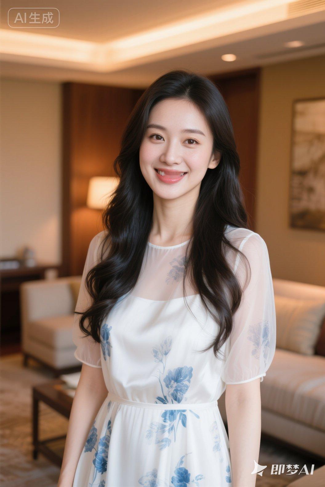 优雅微笑，蓝花白裙，尽显温柔气质