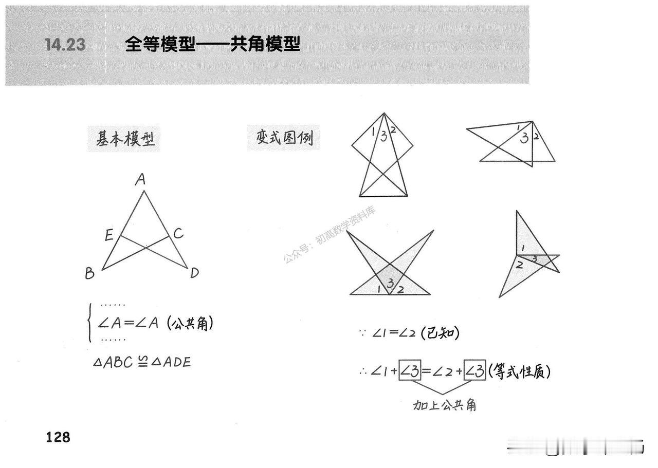 初二数学期中复习——全等三角形模型总结
1、共角模型
2、手拉手模型
3、一线三