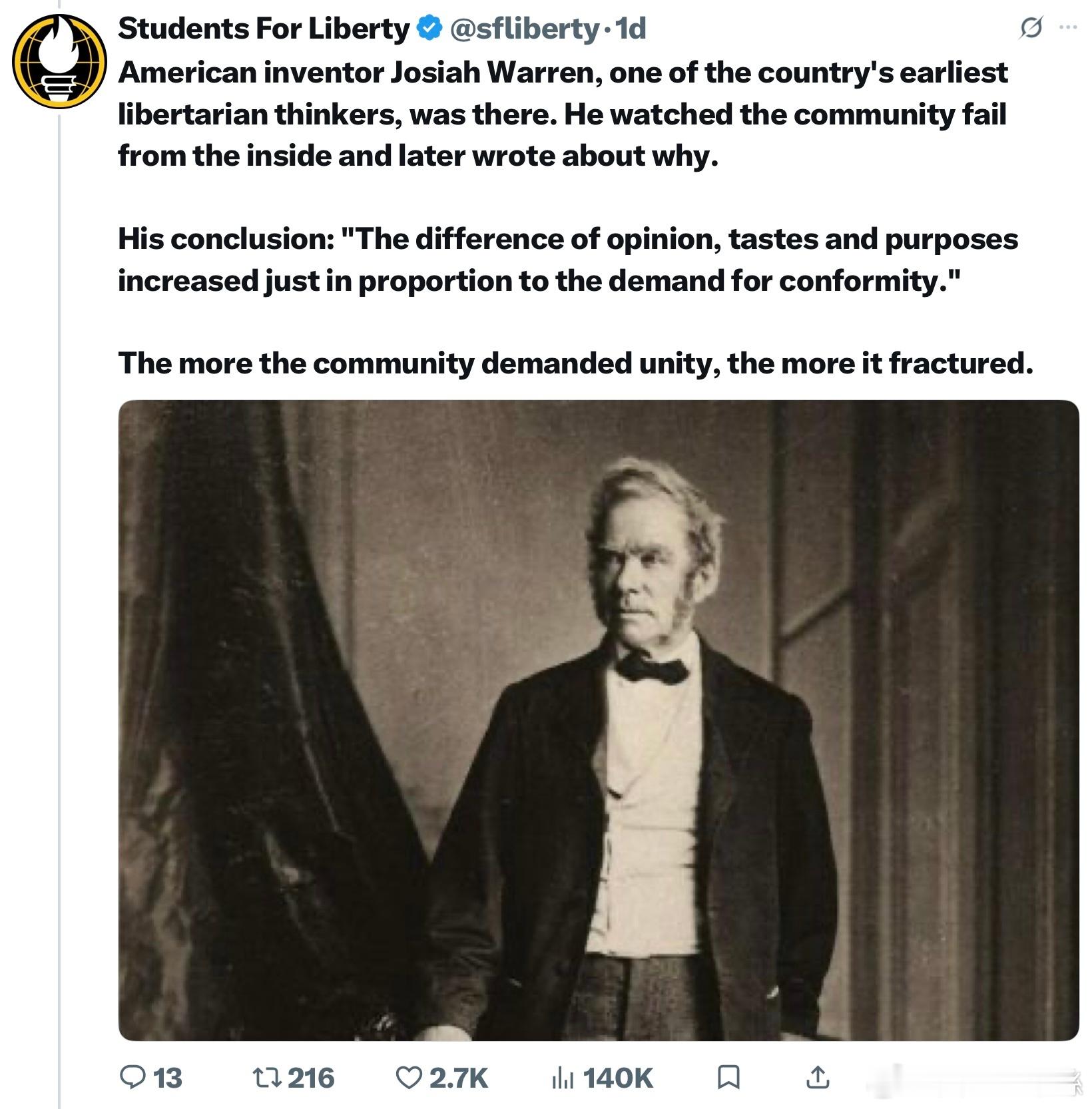 美國發明家喬賽亞·華倫（Josiah Warren）是美國最早的自由意志主義思想