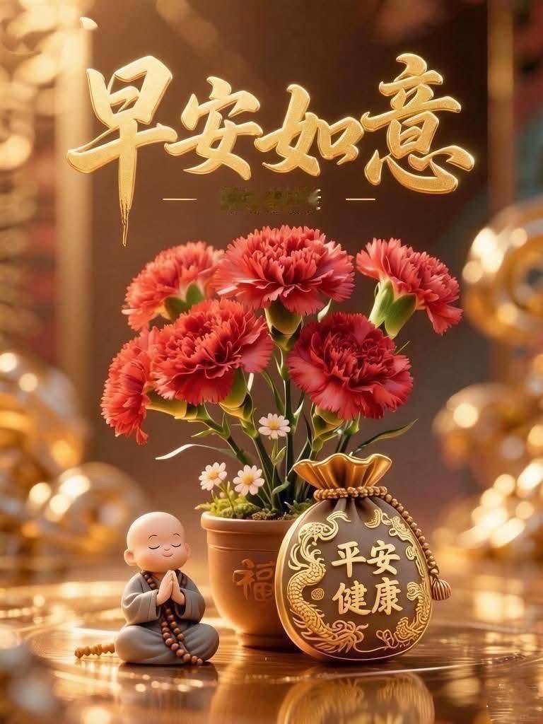 晨起清风伴暖阳，
心祈如意保安康。
禅童合十怀善念，
康乃馨开福运长。