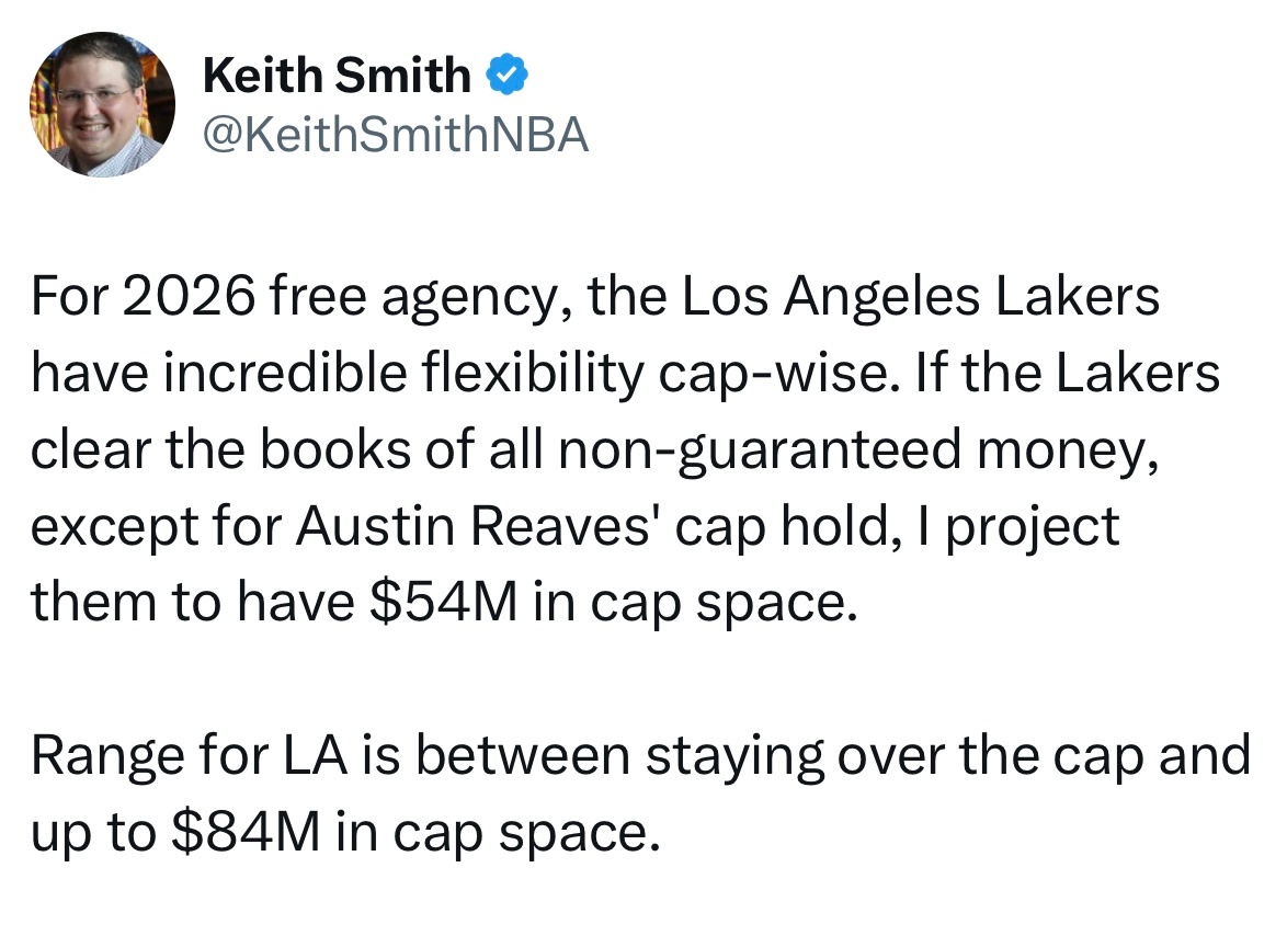 薪资专家Keith Smith：对于2026年的自由球员市场，湖人在薪资空间方面