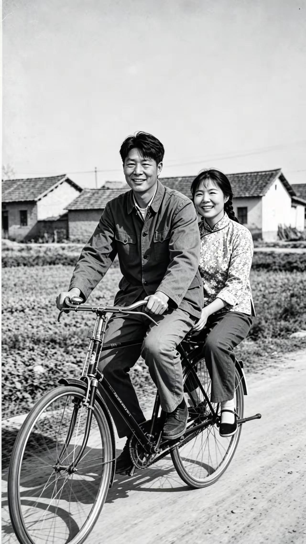 骑上二八杠，
后面带对象。
一路县城赶，
结婚买嫁妆。
