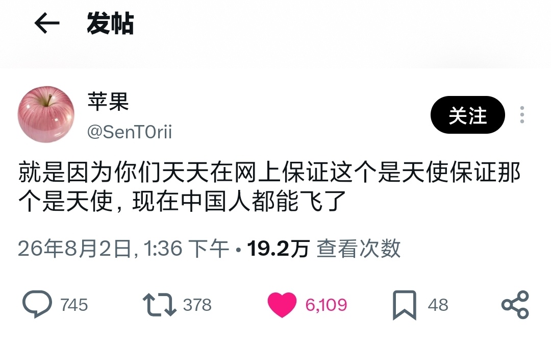 就是因为你们天天在网上保证这个是天使保证那 个是天使，现在中国人都能飞了 